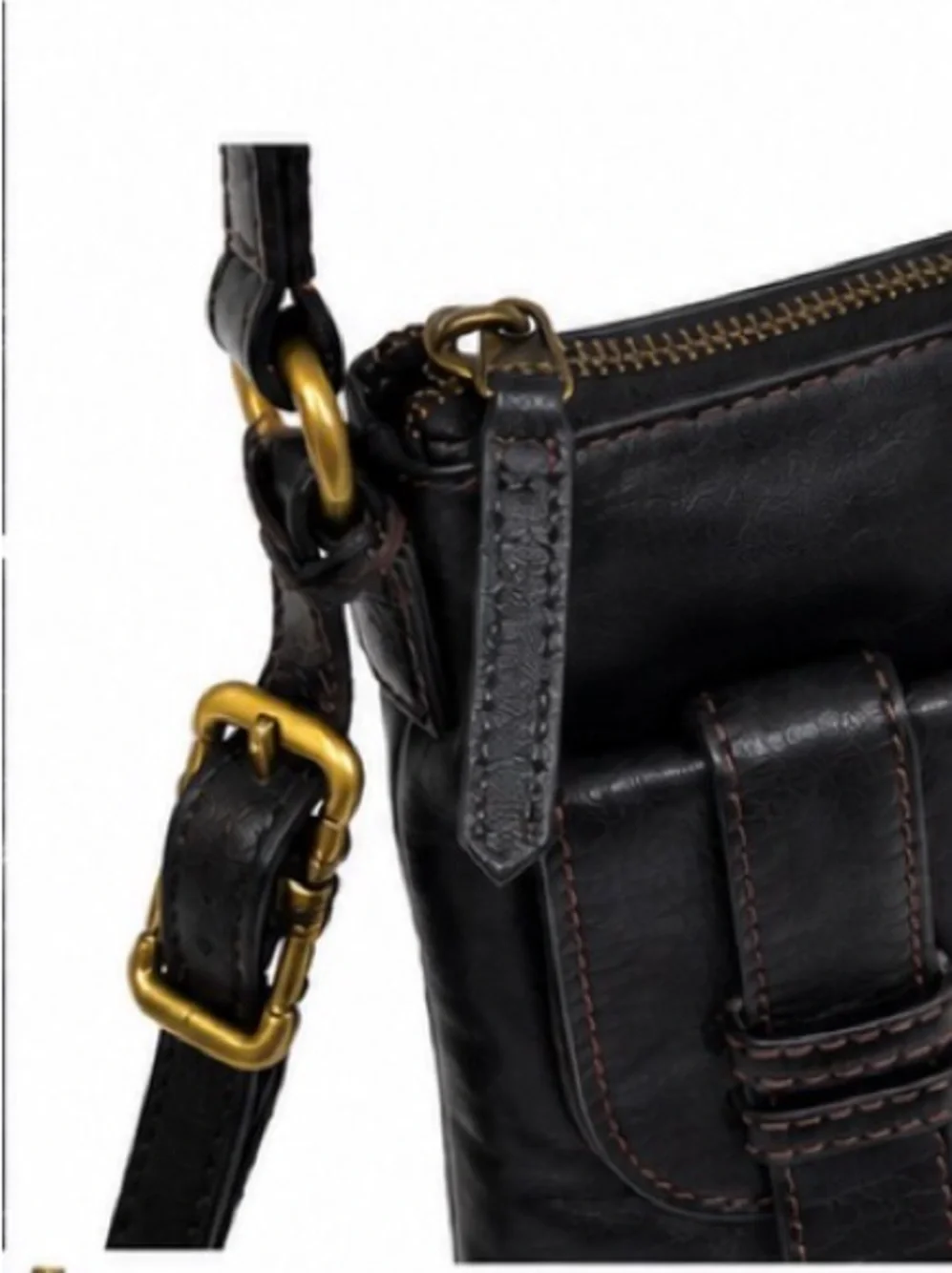 Fossil Black Leather Keyhole Crossbody Bag Brass Hardware Adjustable Strap